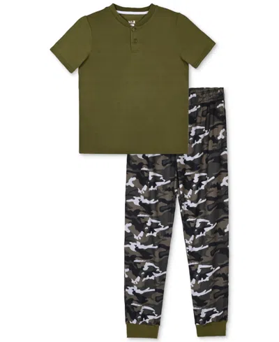 Max & Olivia Kids' Big Boys Henley Top & Camo-print Jogger Pants Pajamas, 2 Piece Set In Black