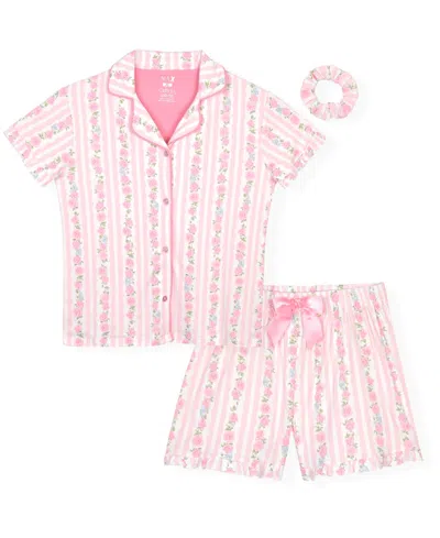 Max & Olivia Kids' Big Girls' Bow Trim Short Sleeve Top And Shorts Sleep & Play, With Scrunchie, 3-piece Set In Pink