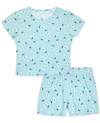 Max & Olivia Kids' Big Girls Floral-print Rib Lettuce-edge Shorts Pajama Set