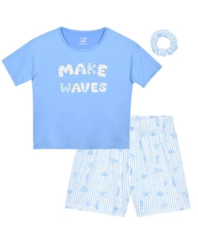 Max & Olivia Kids' Big Girls' Making Waves Top And Shorts Sleep & Play, With Scrunchie, 3-piece Set In Blue