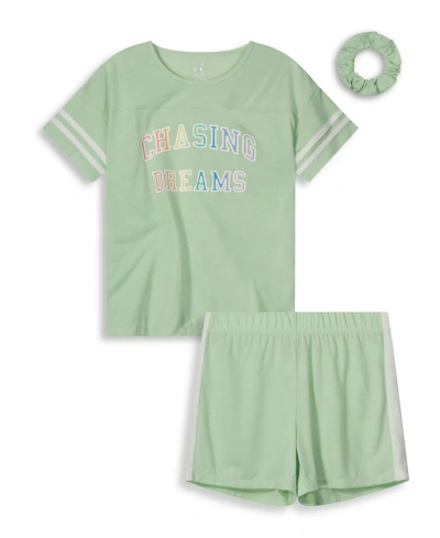 Max & Olivia Kids' Girls Soft Jersey Fabric Shorts Pajama Set With Scrunchie, 3 Piece In Green