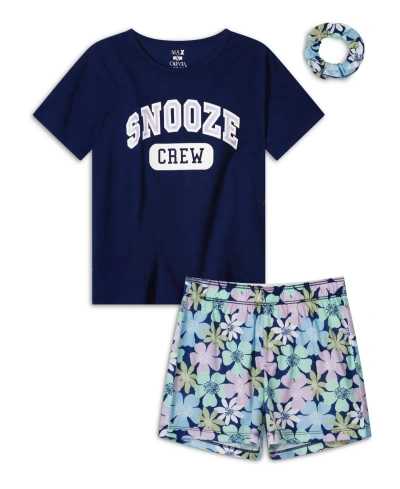 Max & Olivia Kids' Little Girls Soft Jersey Fabric Shorts Pajama Set With Scrunchie, 3 Piece In Navy