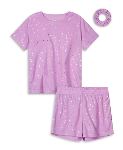 Max & Olivia Kids' Girls Soft Jersey Fabric Shorts Pajama Set With Scrunchie, 3 Piece In Purple