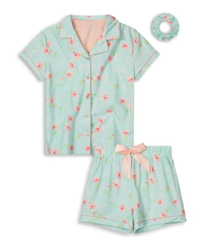 Max & Olivia Kids' Girls Soft Jersey Fabric Shorts Pajama Set With Scrunchie, 3 Piece In Turquoise