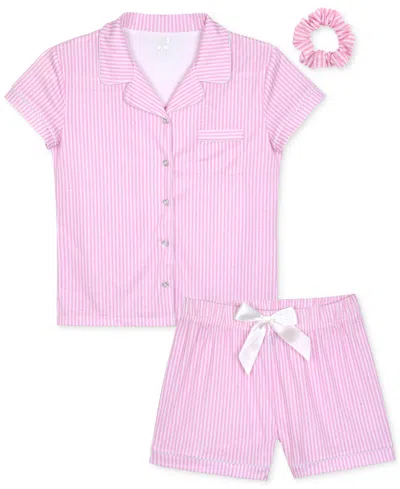 Max & Olivia Kids' Big Girls Striped Button-front Top & Shorts Pajamas With Scrunchie, 3 Piece Set