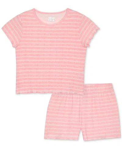 Max & Olivia Kids' Big Girls Striped Ribbed Shorts Pajama Set In Pink