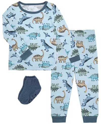 Max & Olivia Kids' Boys' 12m-5t Dino Allover Print Pajama With Socks, 3-piece Set In Blue