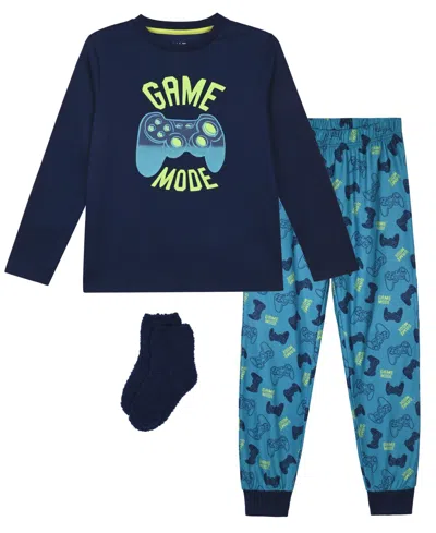 Max & Olivia Kids' Boys' 6-14 Bmi Gaming Print T-shirt, Joggers And Socks, 3-piece Pajama Set In Blue