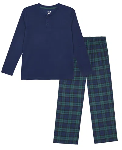 Max & Olivia Kids' Boys' 6-14 Long-sleeve Flannel Plaid Pajama, 2-piece Set In Blue