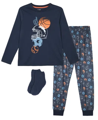 Max & Olivia Kids' Boys' 6-14 Sports Graphic T-shirt, Joggers And Socks, 3-piece Pajama Set In Blue