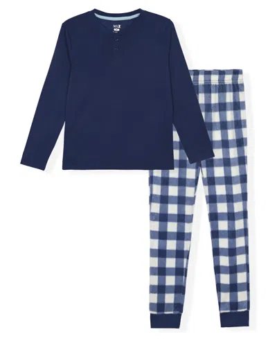Max & Olivia Kids' Boys' 6-20 Buffalo Check Minky Fleece Henley Long Sleeve Pajamas, Top And Pants, 2-piece Set In Blue