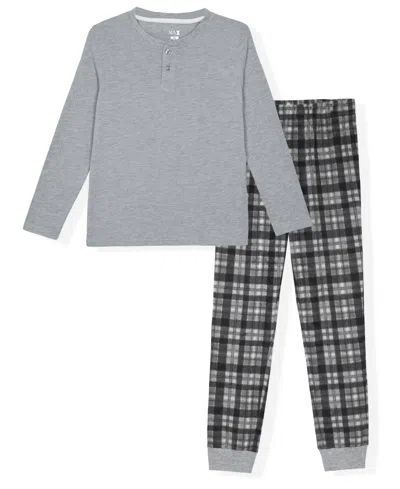 Max & Olivia Kids' Boys' 6-20 Plaid Long-sleeve Henley And Jogger Pants, 2-piece Set In Gray