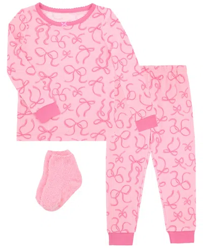Max & Olivia Kids' Girls' 12m-5t Bows Allover Print Pajama With Socks, 3-piece Set In Green