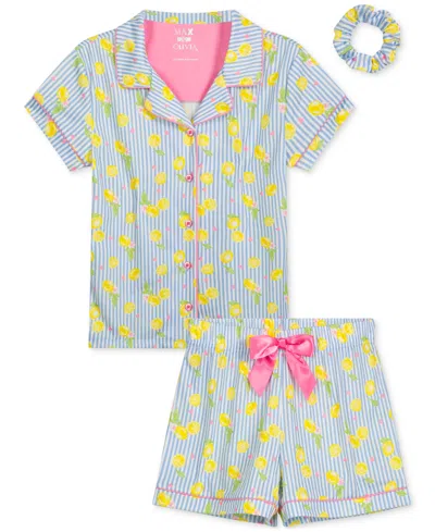 Max & Olivia Kids' Girls 3-pc. Lemon-print Stripe Pajama Top, Shorts & Scrunchie Set In Yellow