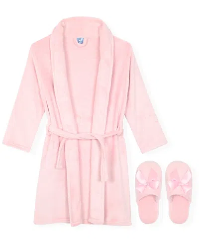 Max & Olivia Kids' Girls' 5-16 Fleece Long-sleeve Robe And Slippers, 2-piece Set In Pink