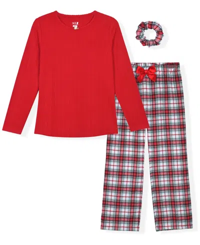 Max & Olivia Kids' Girls' 5-16 Long-sleeve Crewneck Plaid Pajama, 3-piece Set In Red