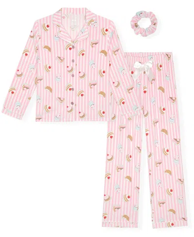 Max & Olivia Kids' Girls' 5-16 Long-sleeve Milky Print Pajama And Scrunchie, 3-piece Set In Pink