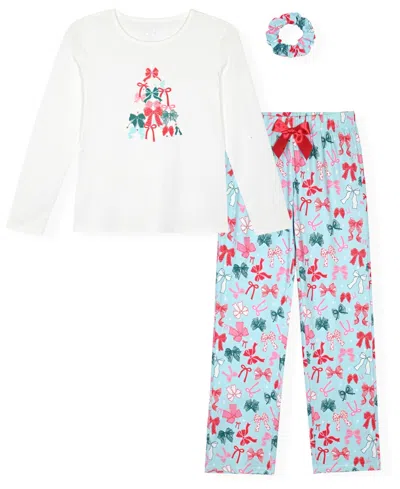 Max & Olivia Kids' Girls' 5-16 Rib Top, Milky Print Pants And Matching Scrunchie, 3-piece Pajama Set In Blue
