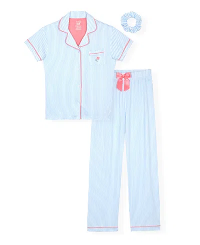 Max & Olivia Kids' Girls' 6-16 Striped Top, Long Leg Pants & Scrunchie, 3-piece Pajama Set In Blue