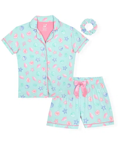 Max & Olivia Kids' Girls' 6-16 Aqua Seashell Top And Shorts Sleep & Play, With Scrunchie, 3-piece Set In Multi