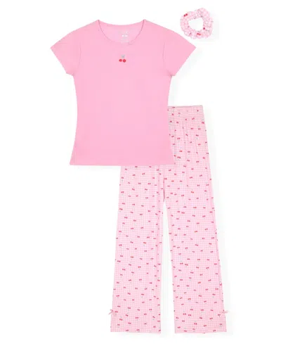 Max & Olivia Kids' Girls' 6x-14 Cherry Print Top, Long Pants & Scrunchie, 3-piece Set In Pink