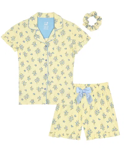 Max & Olivia Kids' Girls' 6x-14 Floral Print Top, Short Pants & Scrunchie, 3-piece Set In Yellow
