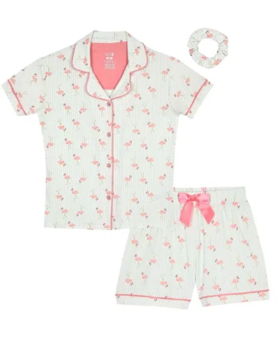 Max & Olivia Kids' Girls' 7-16 Flamingo Print Top, Short Pants & Scrunchie, 3-piece Set In White