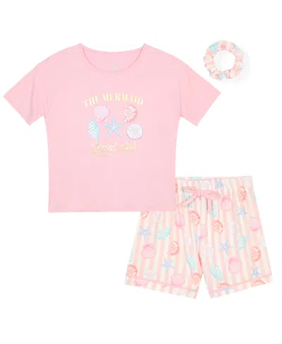 Max & Olivia Kids' Girls' 7-16 Mermaid Top, Shorts & Scrunchie, 3-piece Pajama Set In Pink