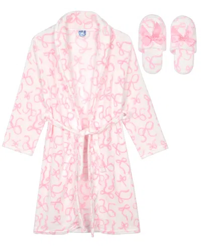 Max & Olivia Kids' Girls' 7-16 Long-sleeve Shawl-collar Robe And Slippers, 2-piece Set In Pink