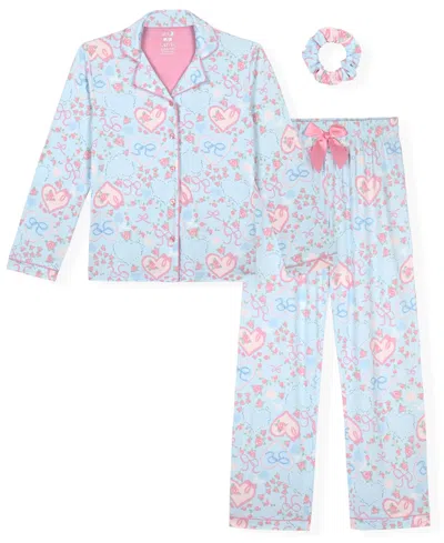 Max & Olivia Kids' Girls' 7-16 Milky Print Coat Pajama With Matching Scrunchie, 3-piece Set In Blue