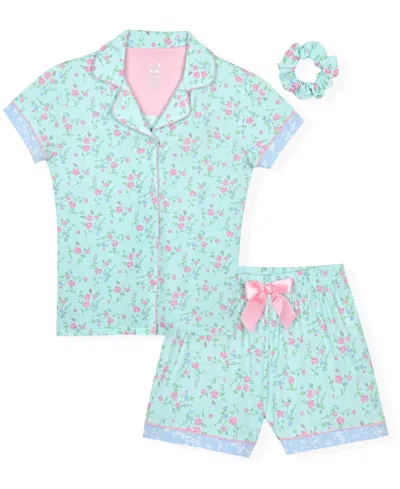 Max & Olivia Kids' Girls' 7-16 Short-sleeve Top And Mint Floral Shorts Sleep & Play With Scrunchie, 3-piece Set In Blue