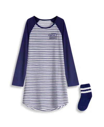 Max & Olivia Kids' Max And Olivia Girls Striped Sleepshirt With Matching Socks Set In Navy