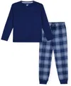 Max & Olivia Little And Big Boys 2-piece Solid Top And Plaid Jogger Pants Set In Blue