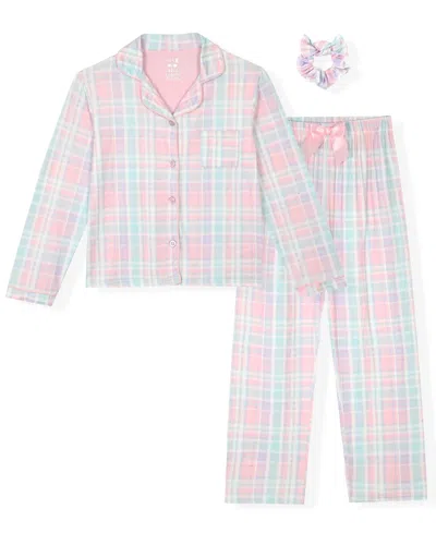 Max & Olivia Kids' Little And Big Girls 3-piece Plaid Coat, Pants And Scrunchie Pajama Set In Pink