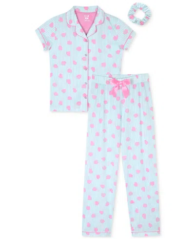 Max & Olivia Kids' Little & Big Girls Strawberry-print Long Coat Pajamas, 3 Piece Set In Aqua