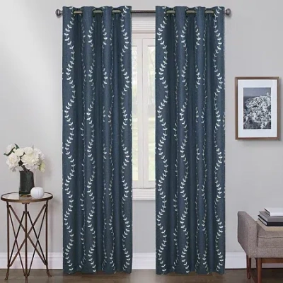 Max Blackout Lindley Linen Blend Embroidered Grommet Top Embroidered 100% Blackout Single Curtain Panel In Blue