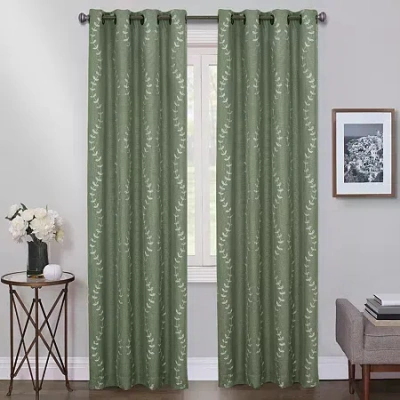 Max Blackout Lindley Linen Blend Embroidered Grommet Top Embroidered 100% Blackout Single Curtain Panel In Green