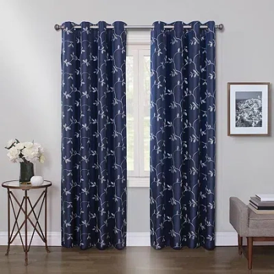 Max Blackout Mystique Grommet Top Embroidered 100% Blackout Single Curtain Panel In Blue
