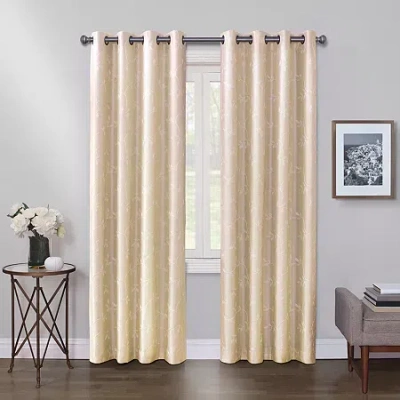 Max Blackout Mystique Grommet Top Embroidered 100% Blackout Single Curtain Panel In Sand