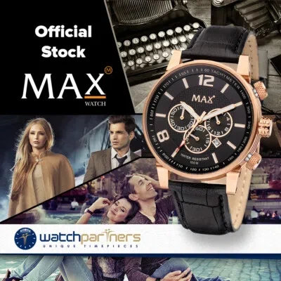 Pre-owned Max Classic Chrono Watch Black Dial Rose Case Black Strap 44mm Diam 5-616