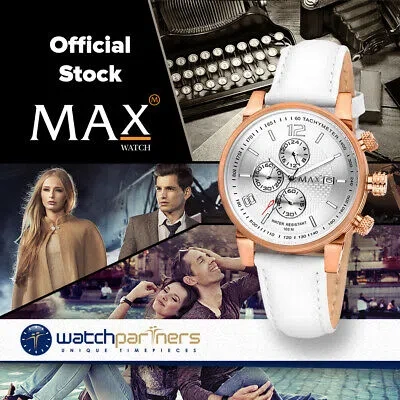 Pre-owned Max Classic Chrono Watch Silver Dial Ip Rose Case White Strap 38mm Diam 5-621