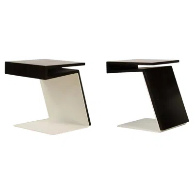 Pre-owned Max Id Ny Pair Geometric Cantilevered Teak Wood White Metal Modern Side Tables