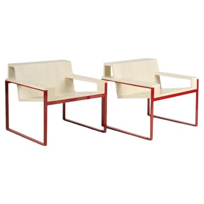 Pre-owned Max Id Ny Pair Of Geometric Cantilevered Teak Wood Red Metal Modern Chairs