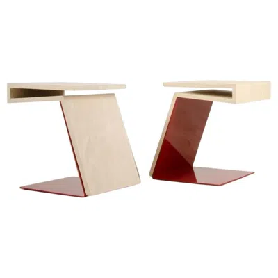 Pre-owned Max Id Ny Pair Of Geometric Cantilevered Teak Wood Red Metal Modern Side Tables