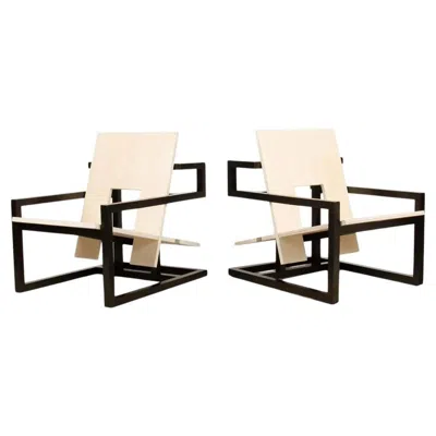 Pre-owned Max Id Ny Pair Of Geometric Mahogany Wood Modern Arm Chairs In Brown