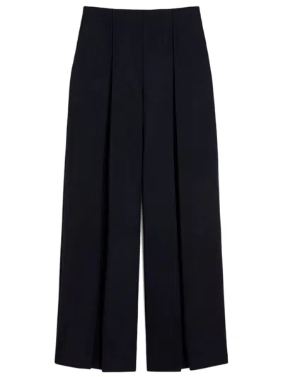 Max Mara 100% Virgin Wool Loose Trousers With Elastic Waistband And Hidden Side Zip In Blu