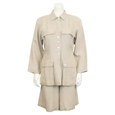 Pre-owned Max Mara 1980's Maxmara Penny Black Label Beige Linen Safari Jacket And Short Ensemble