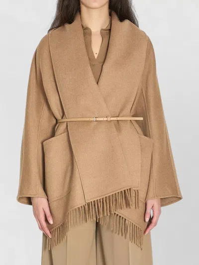 Max Mara Abilita Wrap Coat Fringe Trim Shawl Collar In Brown