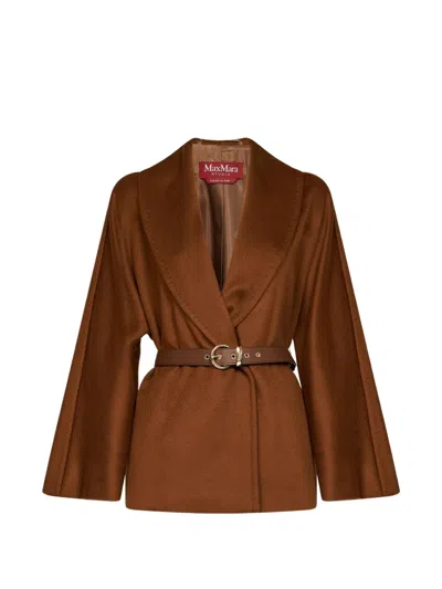 Max Mara Abissi Belted Shawl-collar Jacket In Brown