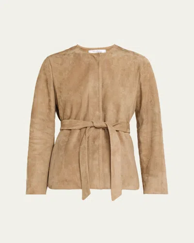 Max Mara Abito Belted Crewneck Suede Jacket In Brown